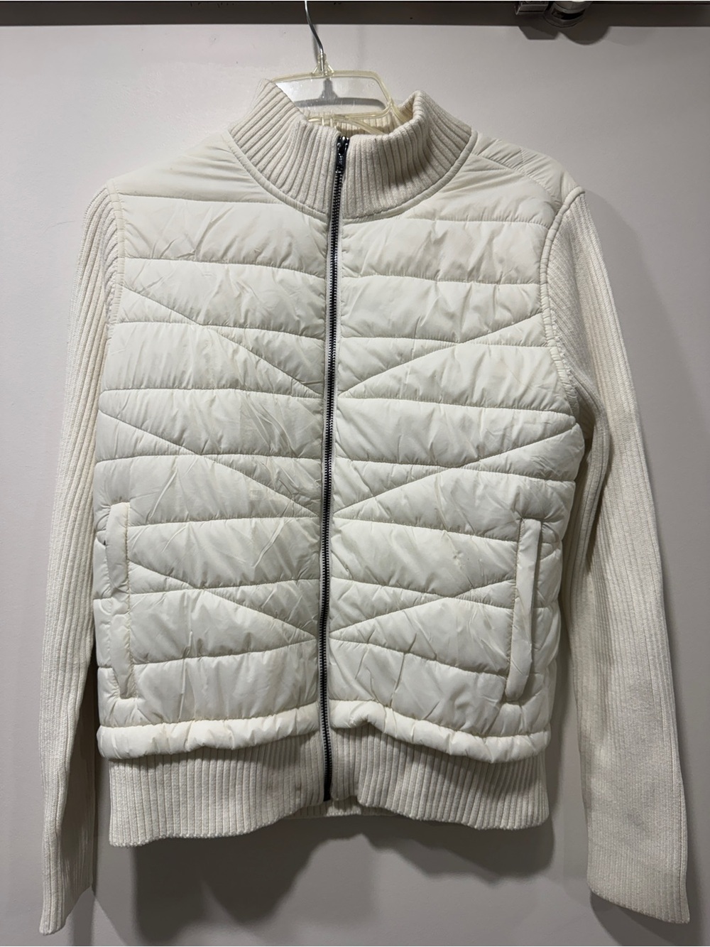 Liverpool Cream Quilted Knit-Sleeve Zip Jacket